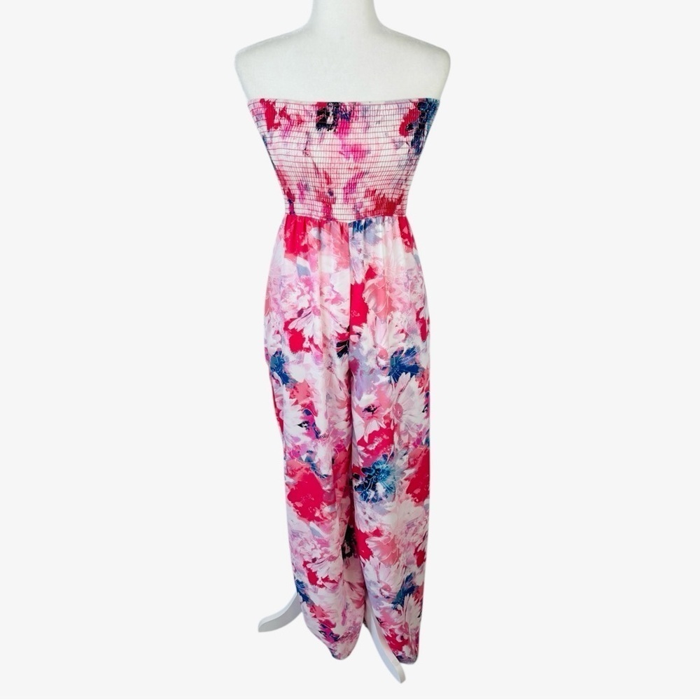 Peach Love California Floral Smocked Strapless Jumpsuit - Pink Multi NWT